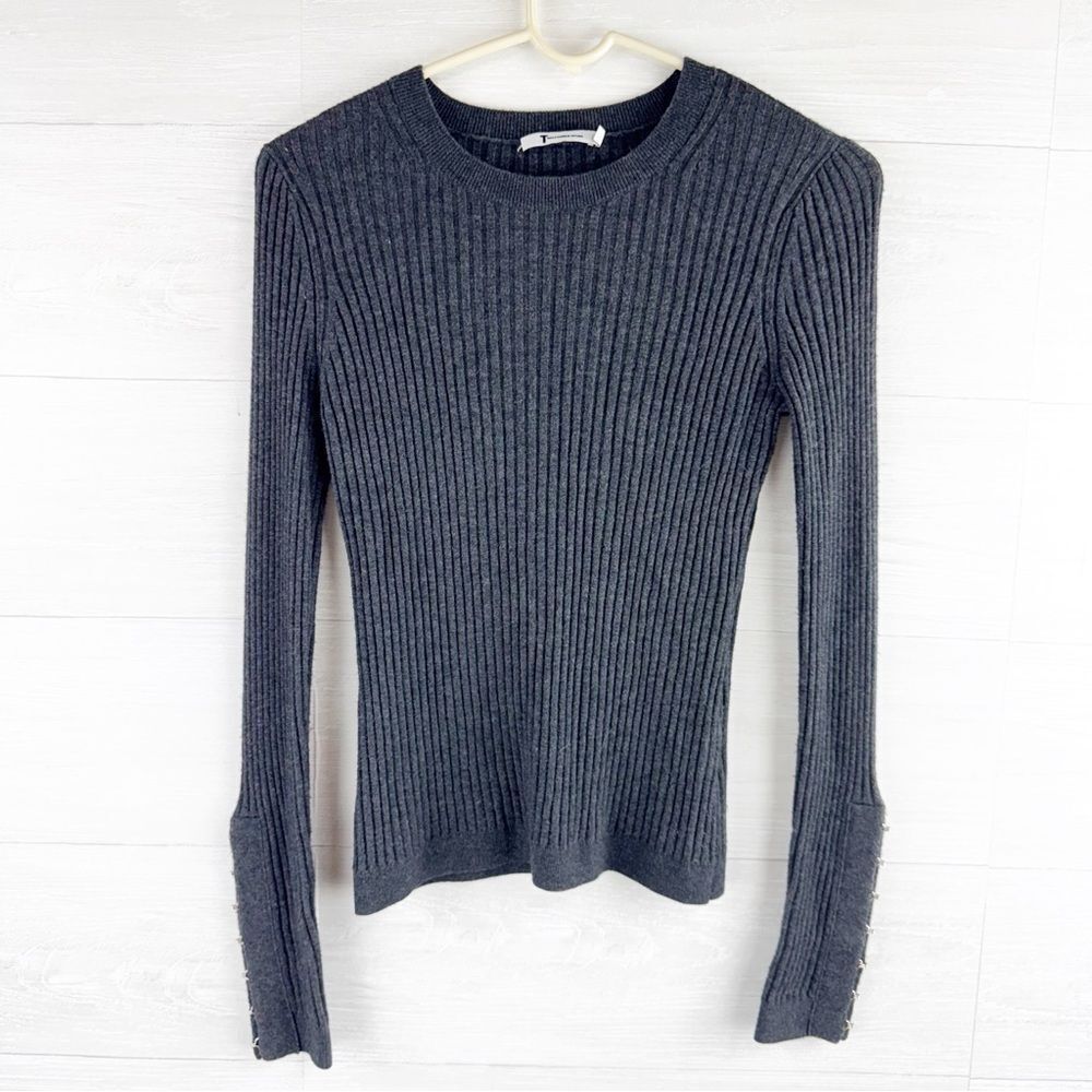 T Alexander Wang Ribbed Hook Sleeve Merino Wool Blend Sweater